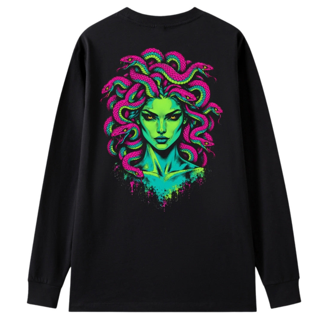 A black oversized long sleeve tee shown from the back, with the Medusa graphic printed large across the back.
