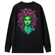 A black oversized long sleeve tee shown from the back, with the Medusa graphic printed large across the back.