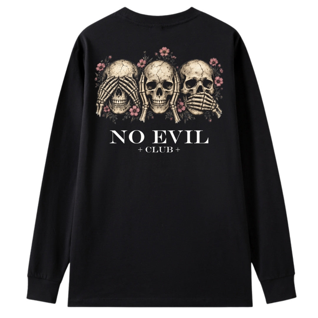 A black oversized long sleeve tee shown from the back, with the No Evil Club graphic printed large across the back.