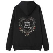 A black oversized hoodie shown from the back, with the Black Heart Society graphic printed large across the back.