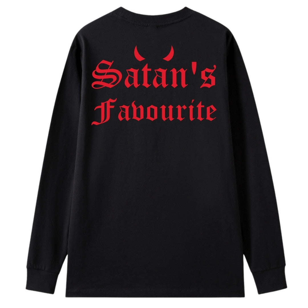 A black oversized long sleeve tee shown from the back, with the Satan's Favourite graphic printed large across the back.