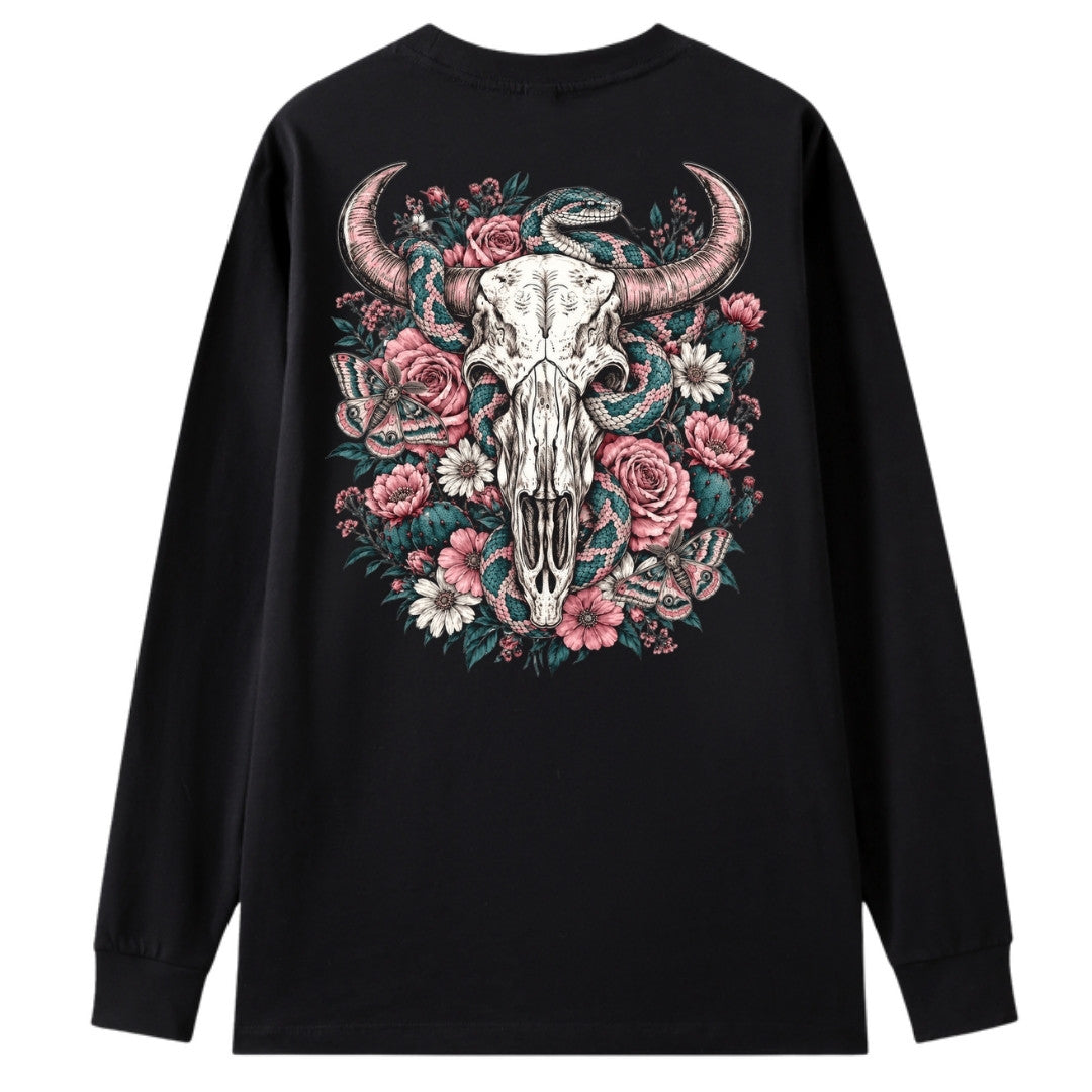 A black oversized long sleeve tee shown from the back, with the Skull Snake And Moths graphic printed large across the back.