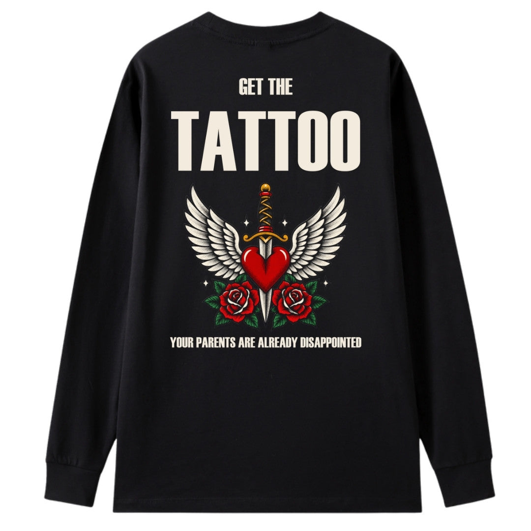 A black oversized long sleeve tee shown from the back, with the Get The Tattoo graphic printed large across the back.