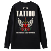 A black oversized long sleeve tee shown from the back, with the Get The Tattoo graphic printed large across the back.