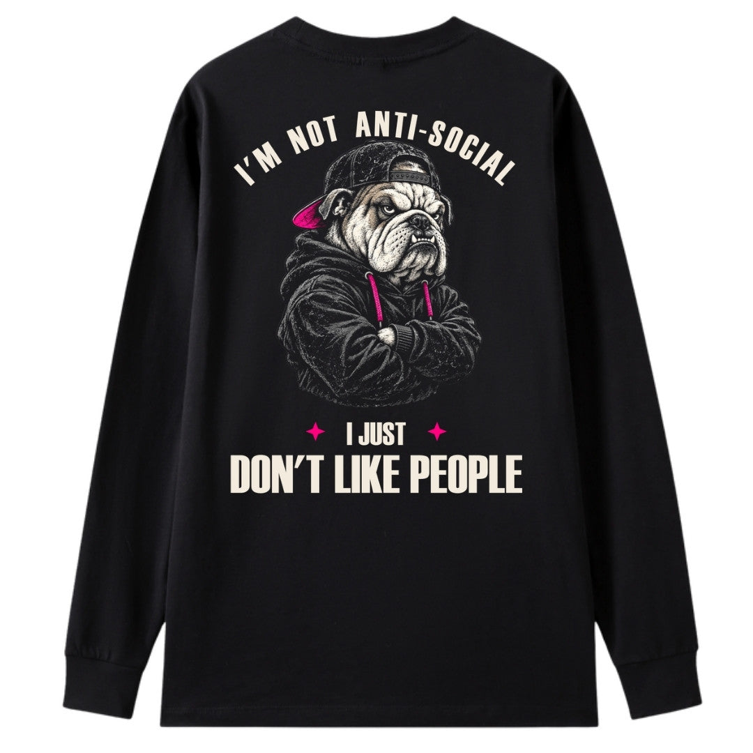 A black oversized long sleeve tee shown from the back, with the I'm Not Anti Social Bulldog graphic printed large across the back.