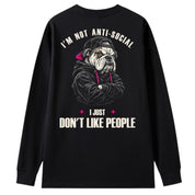A black oversized long sleeve tee shown from the back, with the I'm Not Anti Social Bulldog graphic printed large across the back.