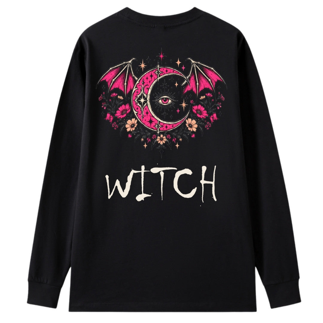 A black oversized long sleeve tee shown from the back, with the Witch graphic printed large across the back.