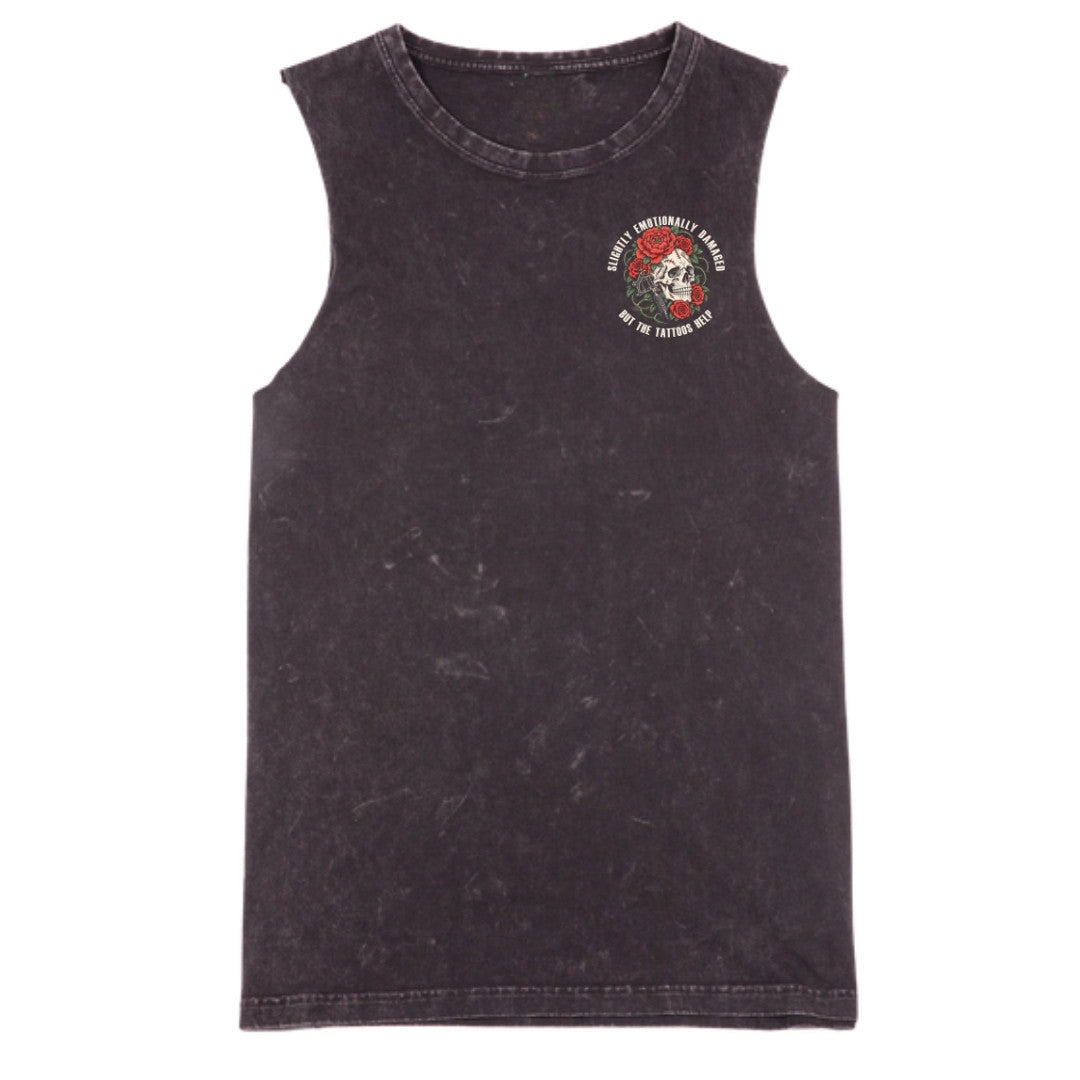 A black stone washed tank with a small Slightly Emotionally Damaged graphic on the left chest.