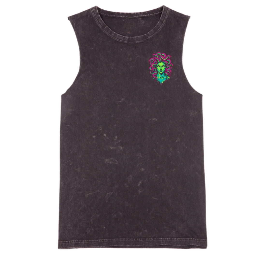 A black stone washed tank with a small Medusa graphic on the left chest.