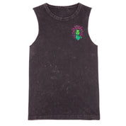 A black stone washed tank with a small Medusa graphic on the left chest.