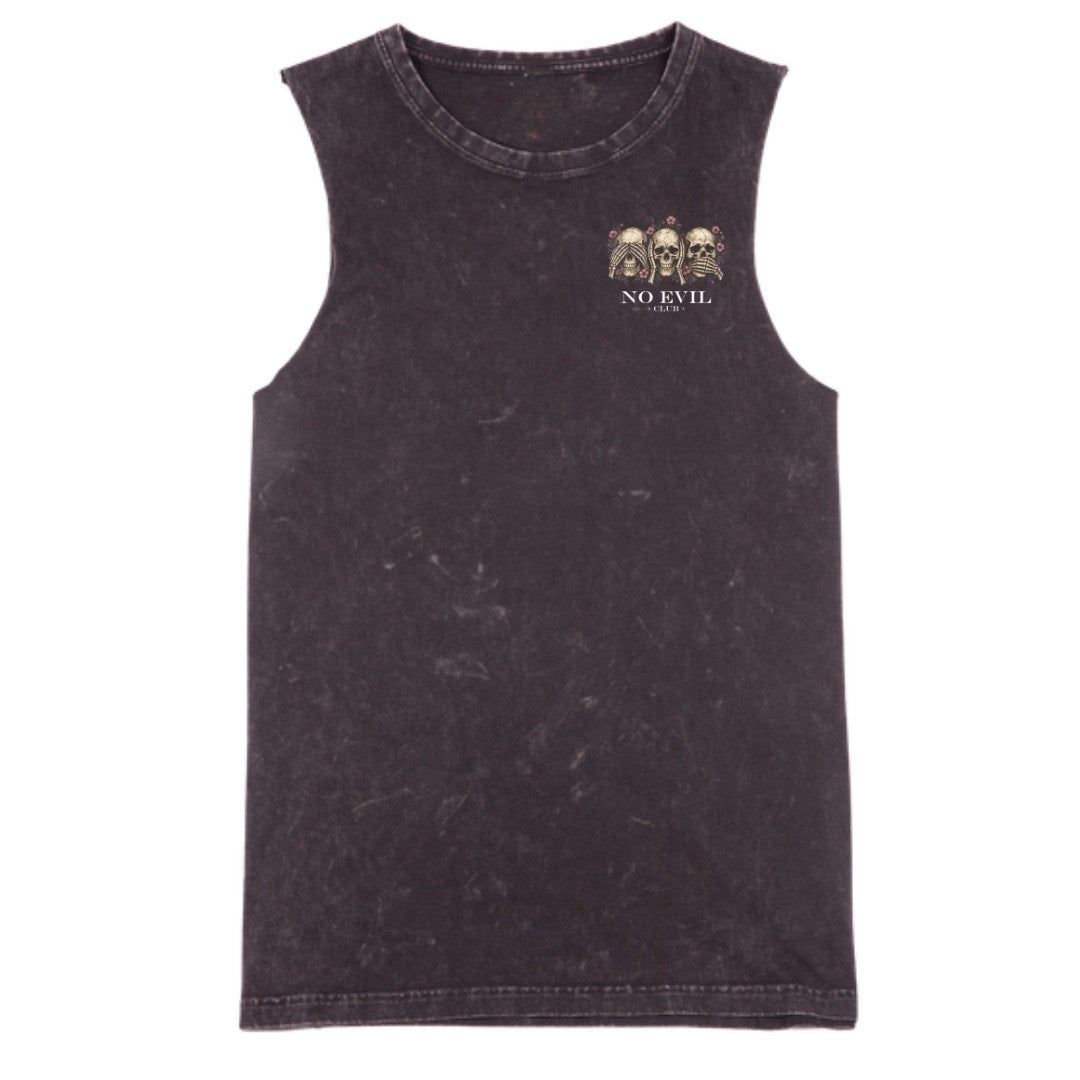 A black stone washed tank with a small No Evil Club graphic on the left chest.