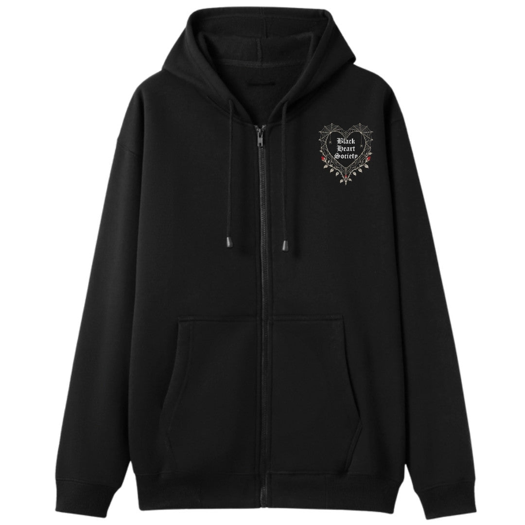 A black oversized zip up hoodie with a small Black Heart Society graphic on the left chest.