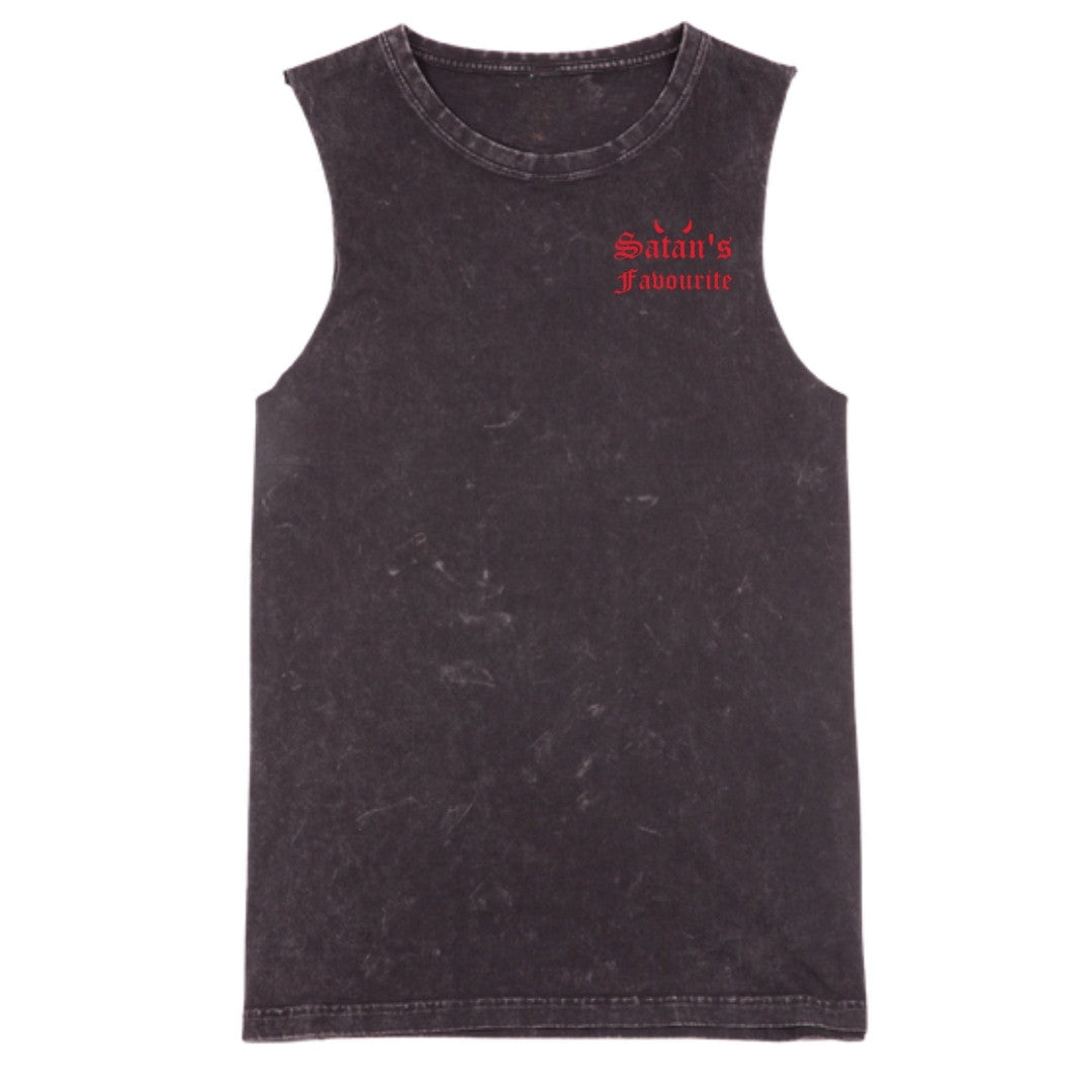 A black stone washed tank with a small Satan's Favourite graphic on the left chest.