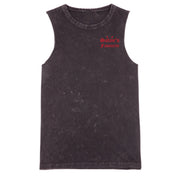 A black stone washed tank with a small Satan's Favourite graphic on the left chest.