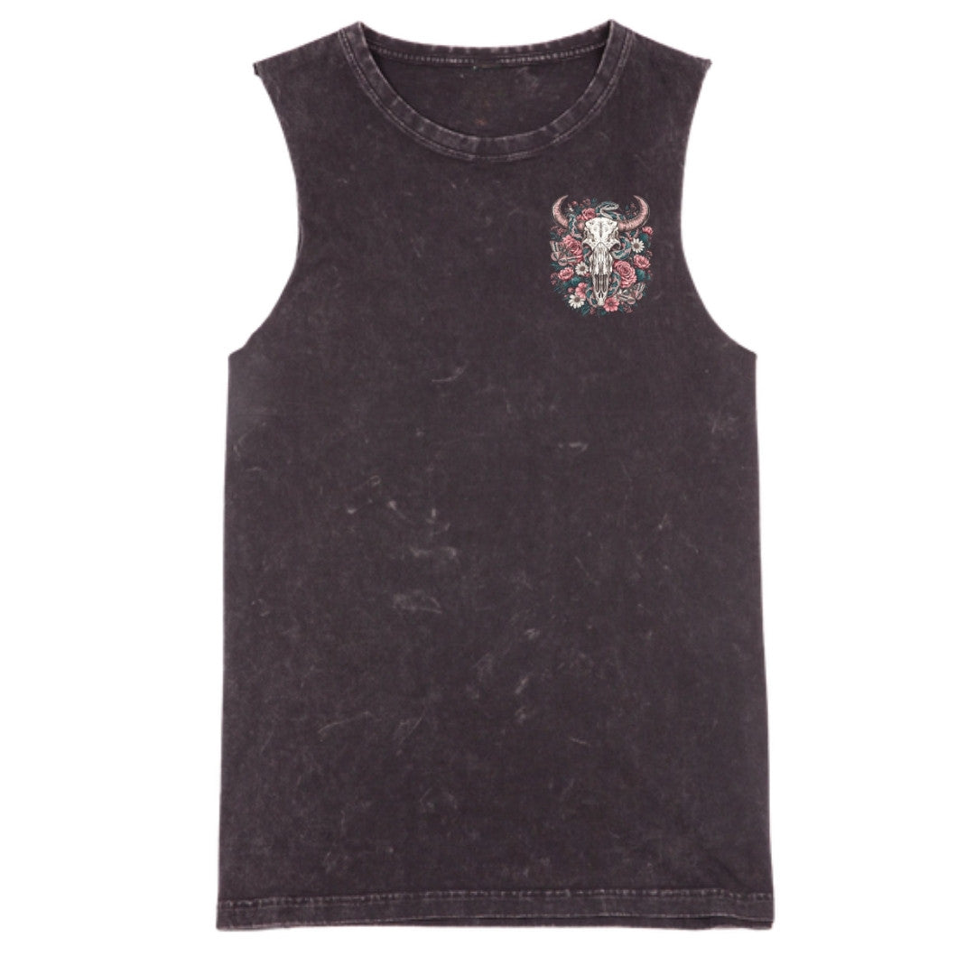A black stone washed tank with a small Skull Snake And Moths graphic on the left chest.