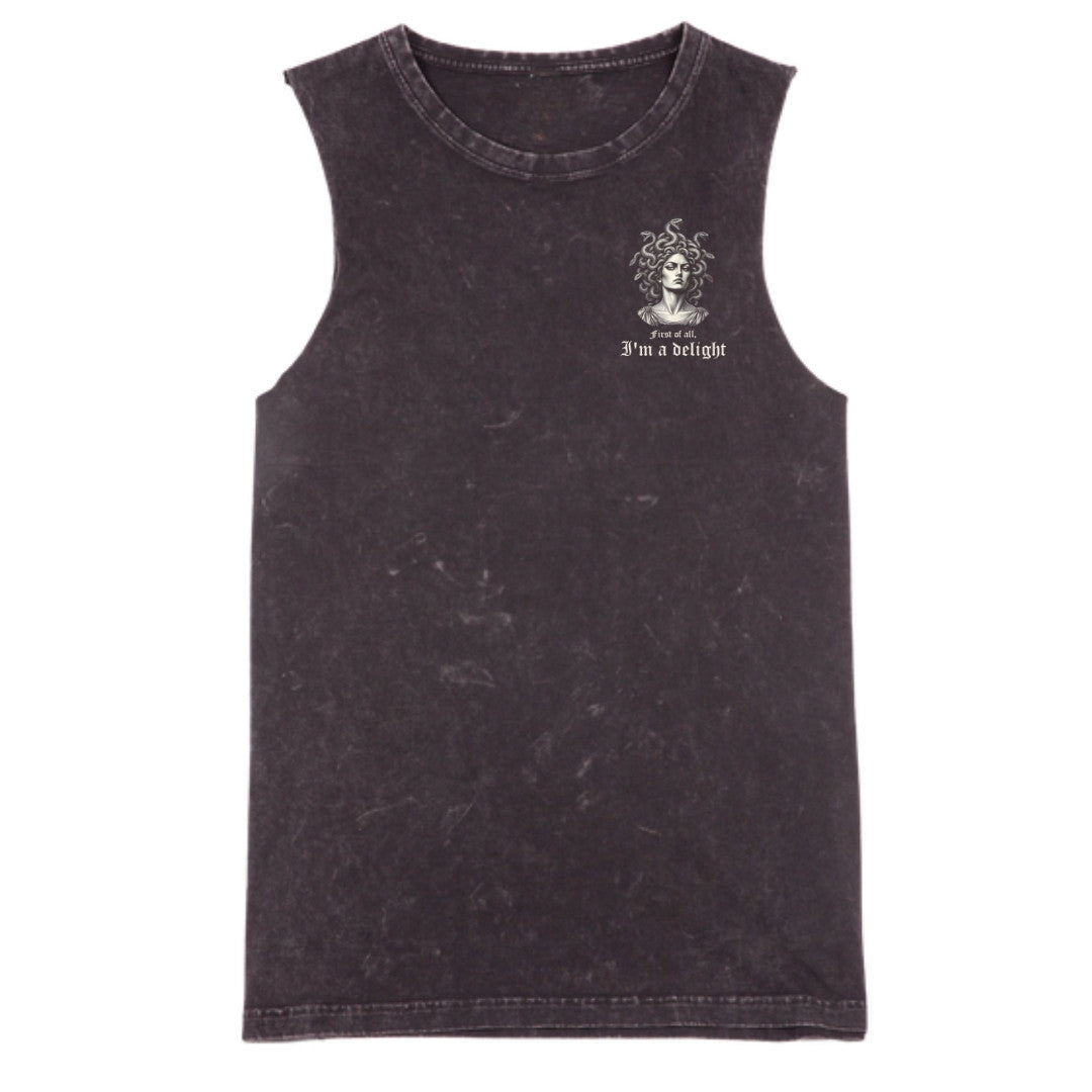 A black stone washed tank with a small First Of All I'm A Delight graphic on the left chest.