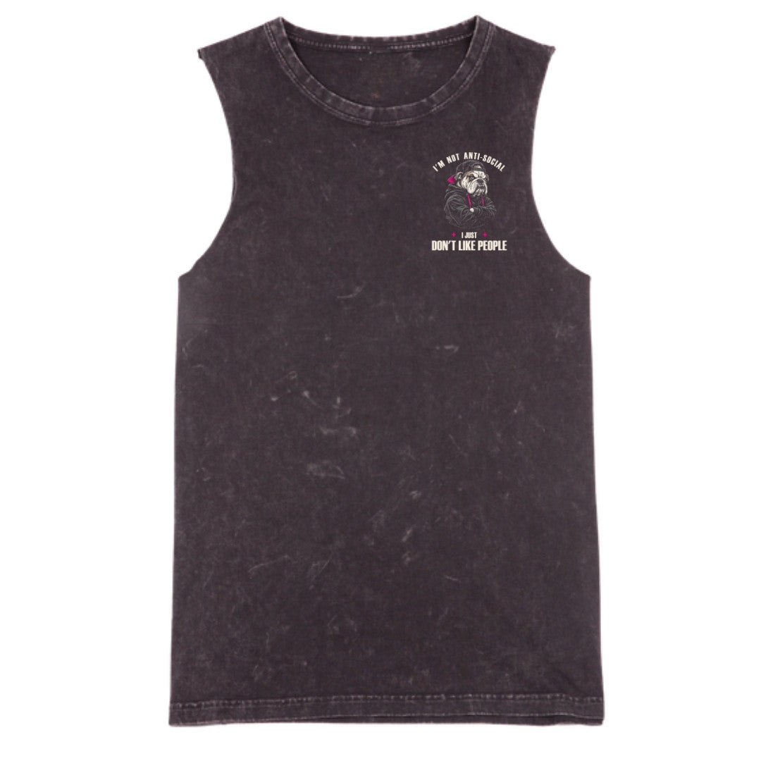 A black stone washed tank with a small I'm Not Anti Social Bulldog graphic on the left chest.