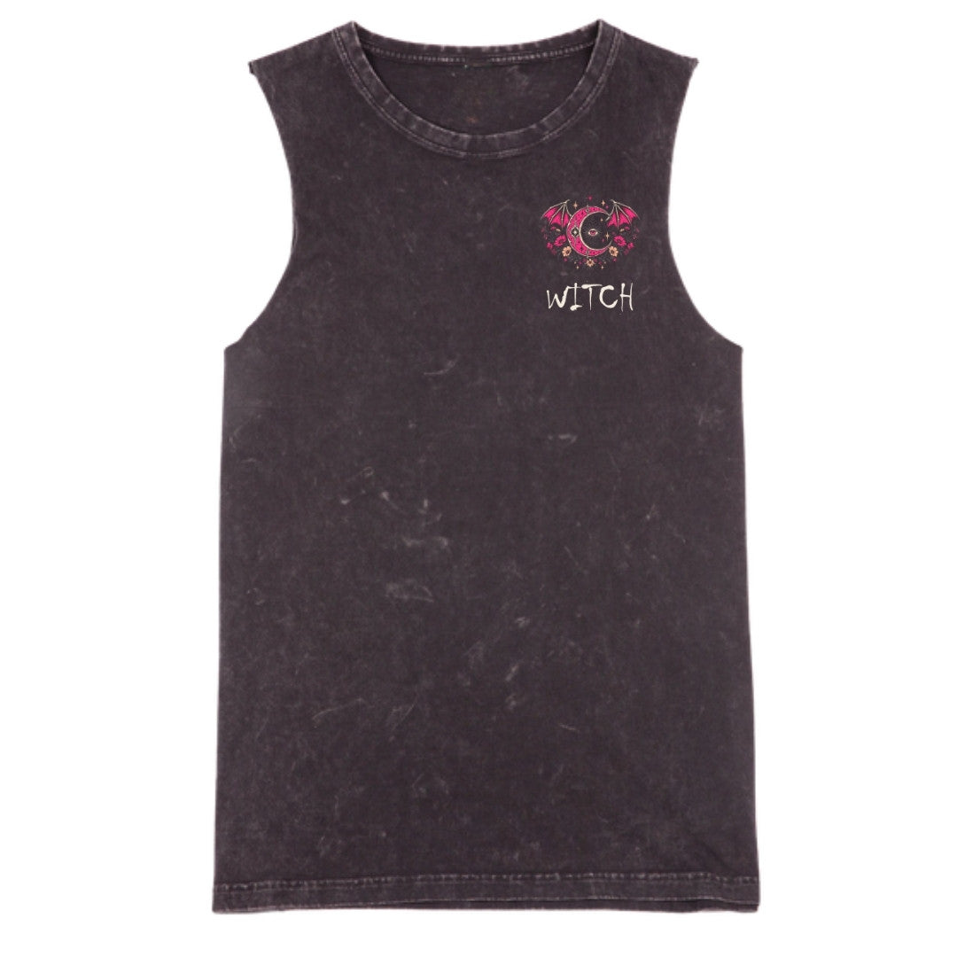 A black stone washed tank with a small Witch graphic on the left chest.