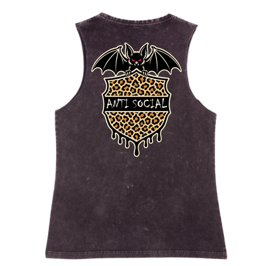 A black stone washed tank shown from the back, with the Anti Social graphic printed large across the back.
