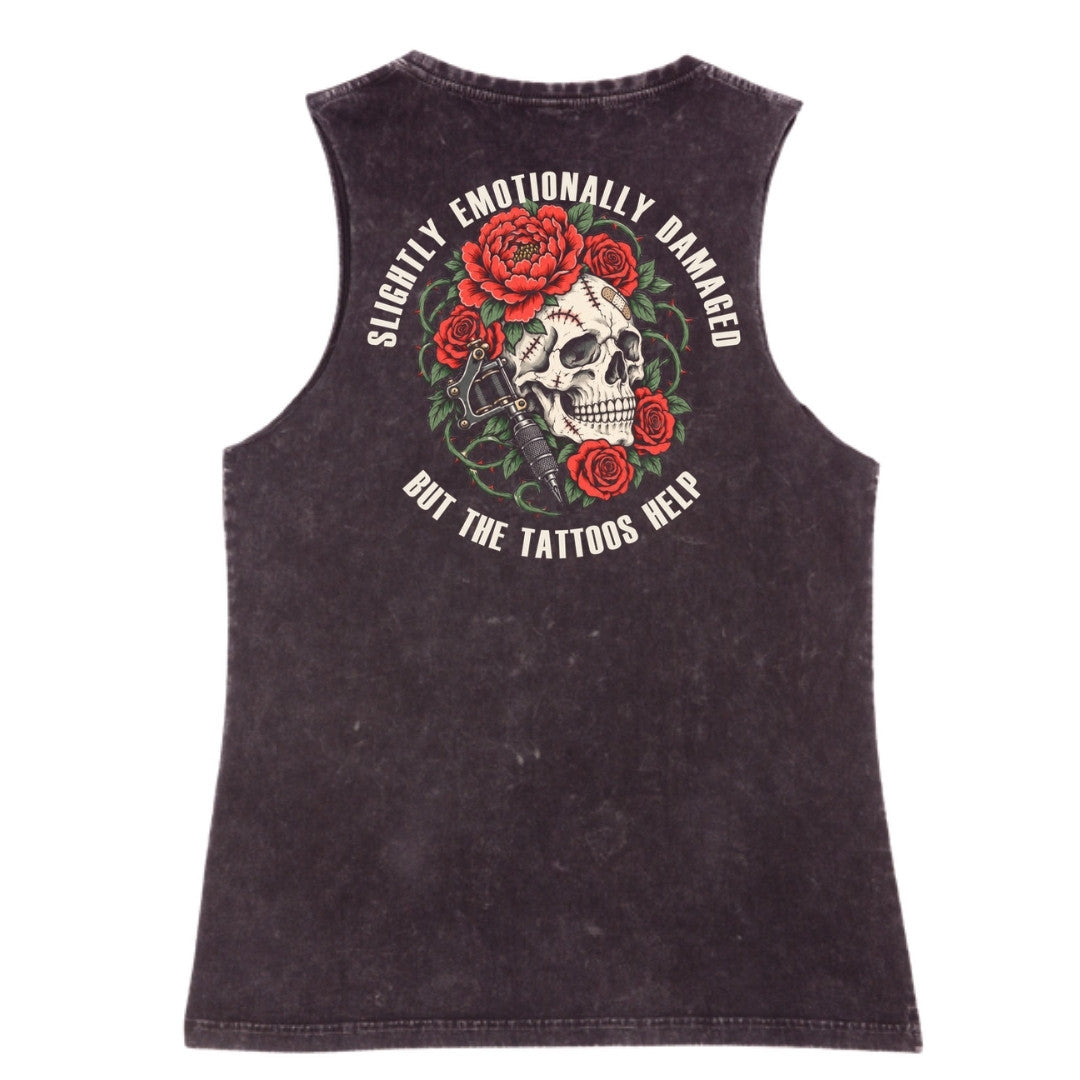 A black stone washed tank shown from the back, with the Slightly Emotionally Damaged graphic printed large across the back.