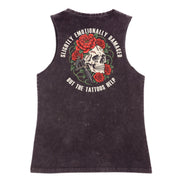 A black stone washed tank shown from the back, with the Slightly Emotionally Damaged graphic printed large across the back.