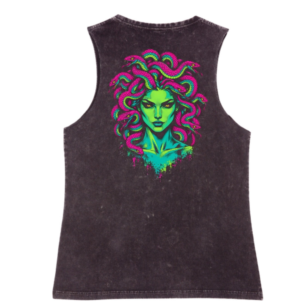 A black stone washed tank shown from the back, with the Medusa graphic printed large across the back.