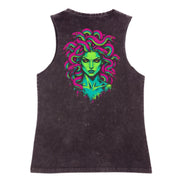 A black stone washed tank shown from the back, with the Medusa graphic printed large across the back.