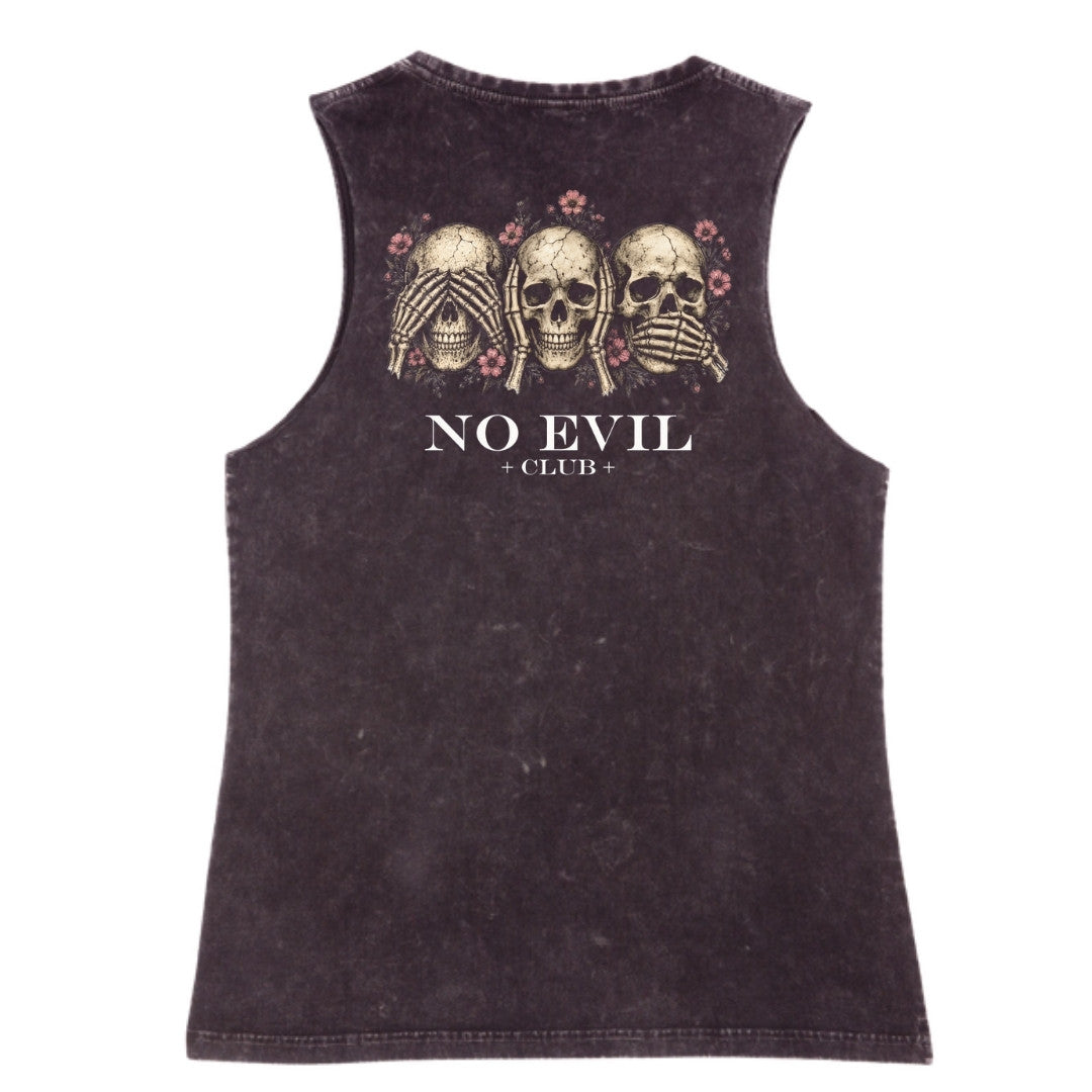 A black stone washed tank shown from the back, with the No Evil Club graphic printed large across the back.