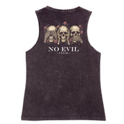 A black stone washed tank shown from the back, with the No Evil Club graphic printed large across the back.