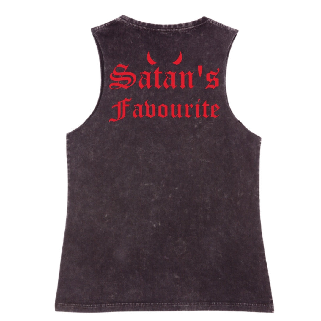 A black stone washed tank shown from the back, with the Satan's Favourite graphic printed large across the back.