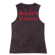 A black stone washed tank shown from the back, with the Satan's Favourite graphic printed large across the back.