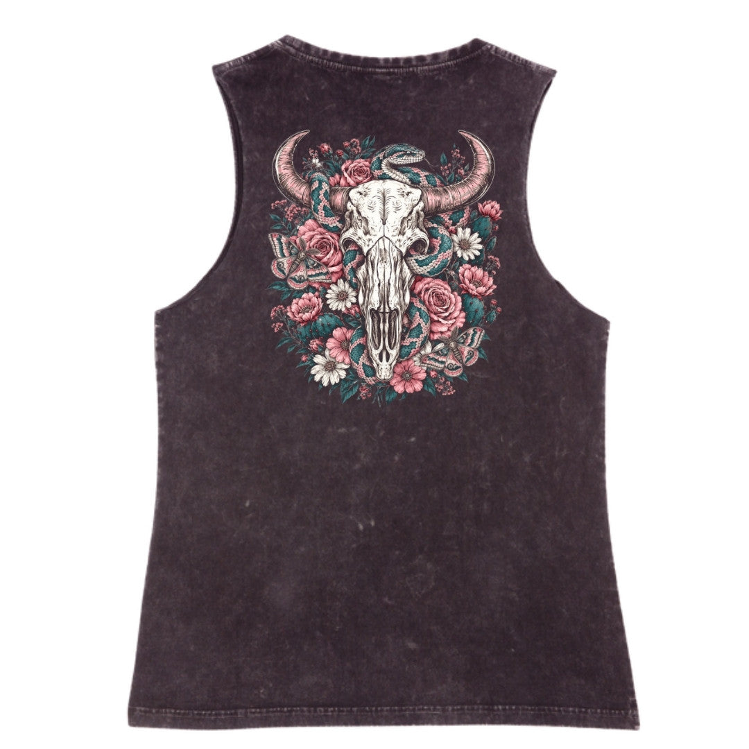 A black stone washed tank shown from the back, with the Skull Snake And Moths graphic printed large across the back.
