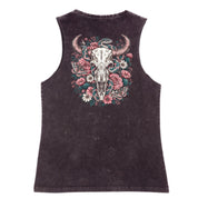 A black stone washed tank shown from the back, with the Skull Snake And Moths graphic printed large across the back.