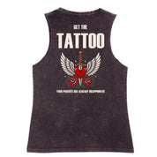 A black stone washed tank shown from the back, with the Get The Tattoo graphic printed large across the back.