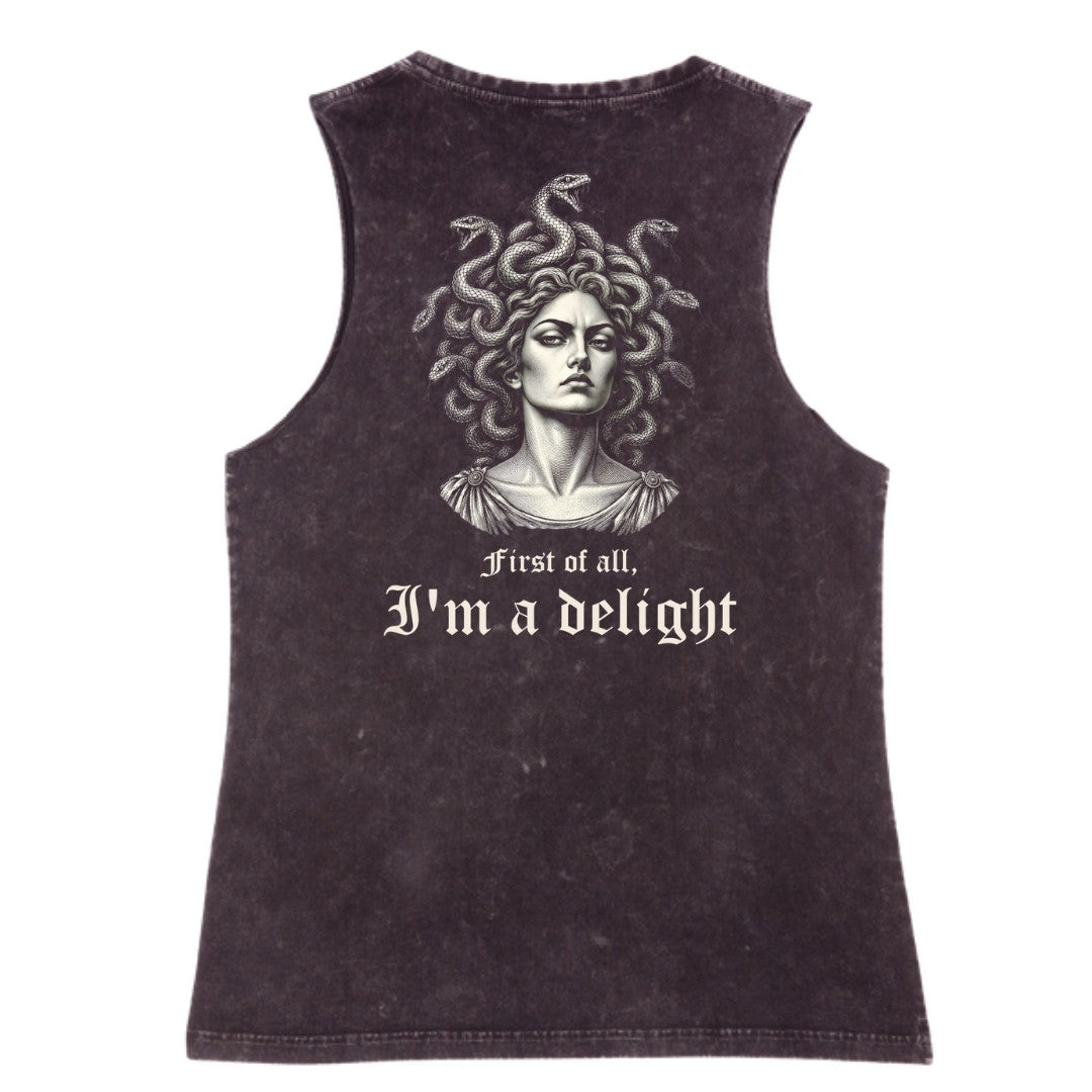 A black stone washed tank shown from the back, with the First Of All I'm A Delight graphic printed large across the back.