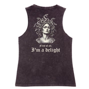 A black stone washed tank shown from the back, with the First Of All I'm A Delight graphic printed large across the back.