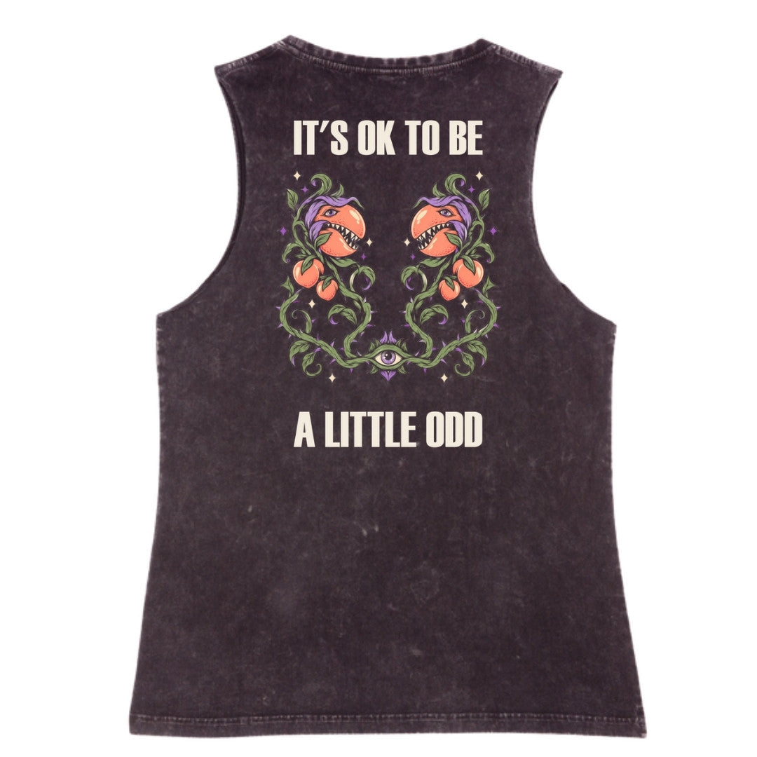 A black stone washed tank shown from the back, with the It's OK To Be A Little Odd graphic printed large across the back.