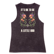 A black stone washed tank shown from the back, with the It's OK To Be A Little Odd graphic printed large across the back.