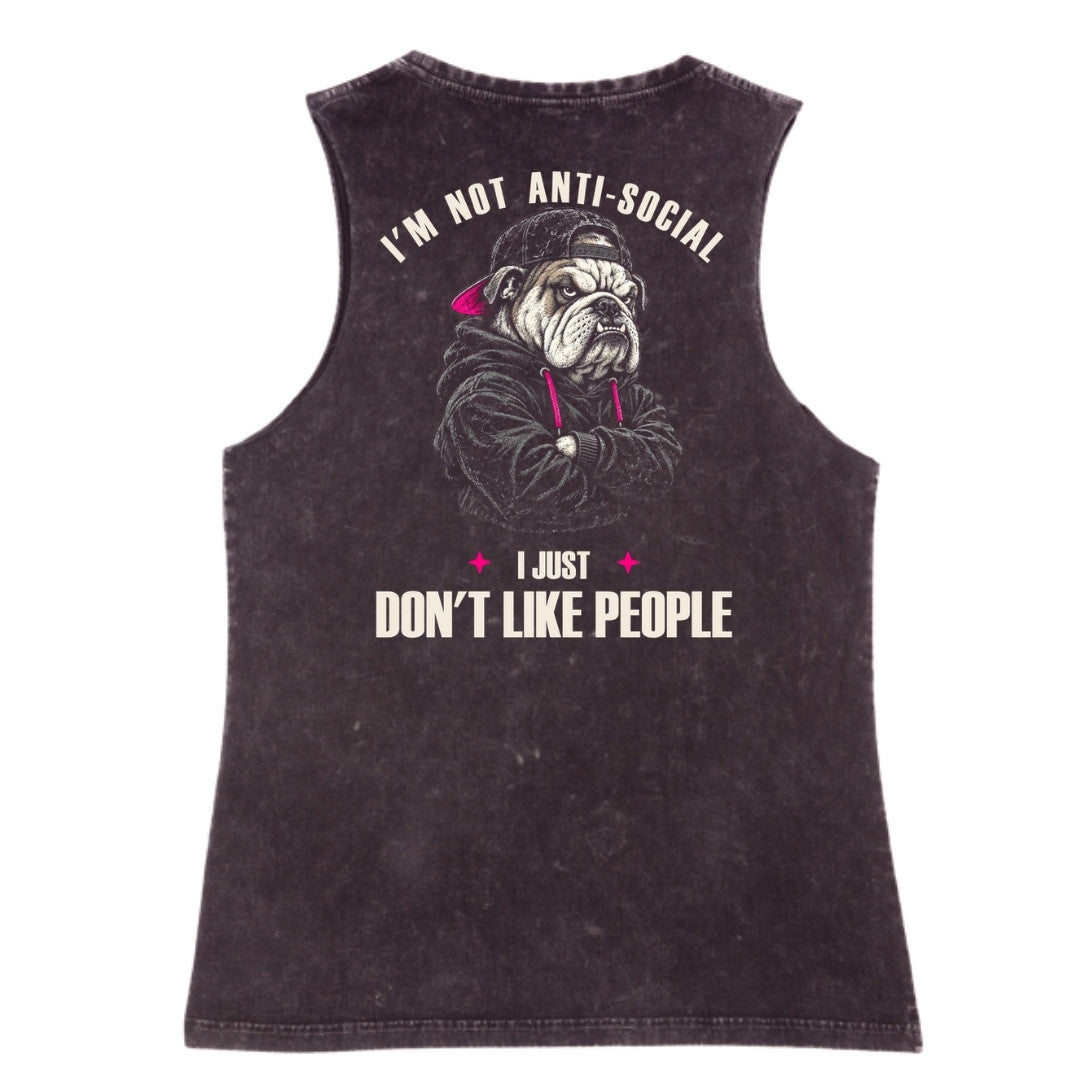 A black stone washed tank shown from the back, with the I'm Not Anti Social Bulldog graphic printed large across the back.