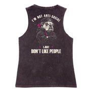 A black stone washed tank shown from the back, with the I'm Not Anti Social Bulldog graphic printed large across the back.