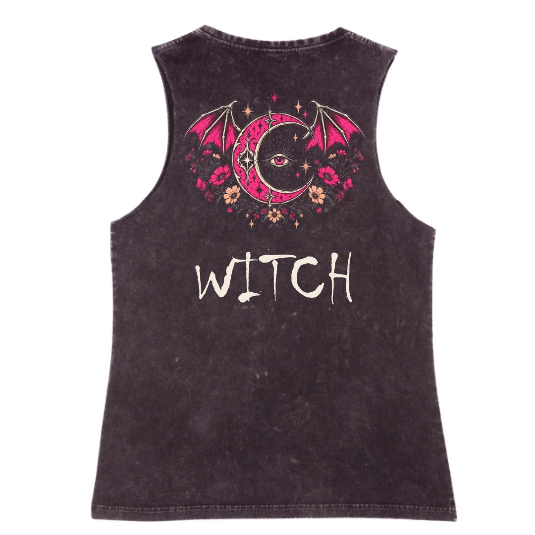 A black stone washed tank shown from the back, with the Witch graphic printed large across the back.