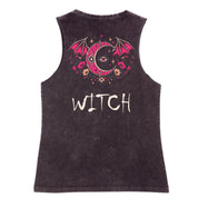 A black stone washed tank shown from the back, with the Witch graphic printed large across the back.