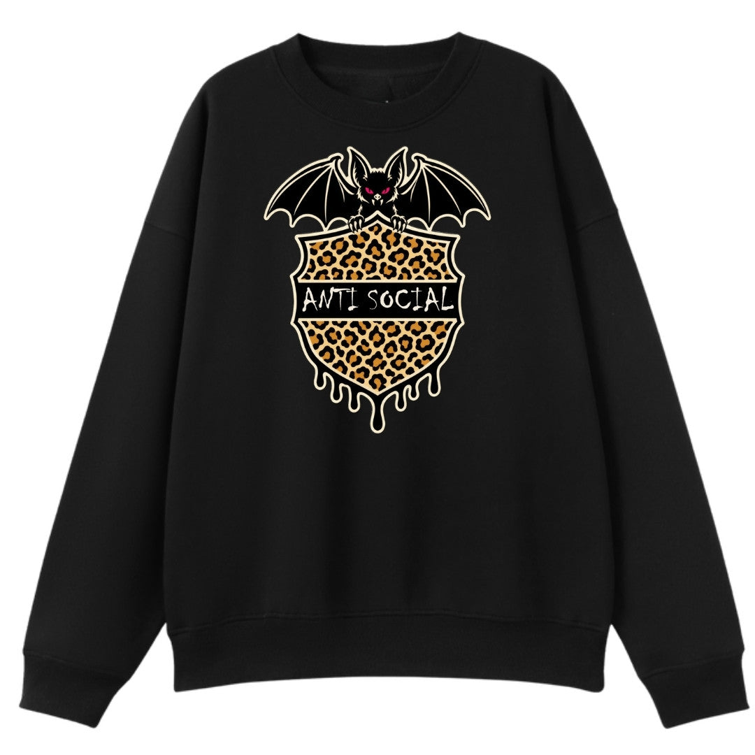 A black oversized crew neck with the Anti Social graphic printed large on the front.