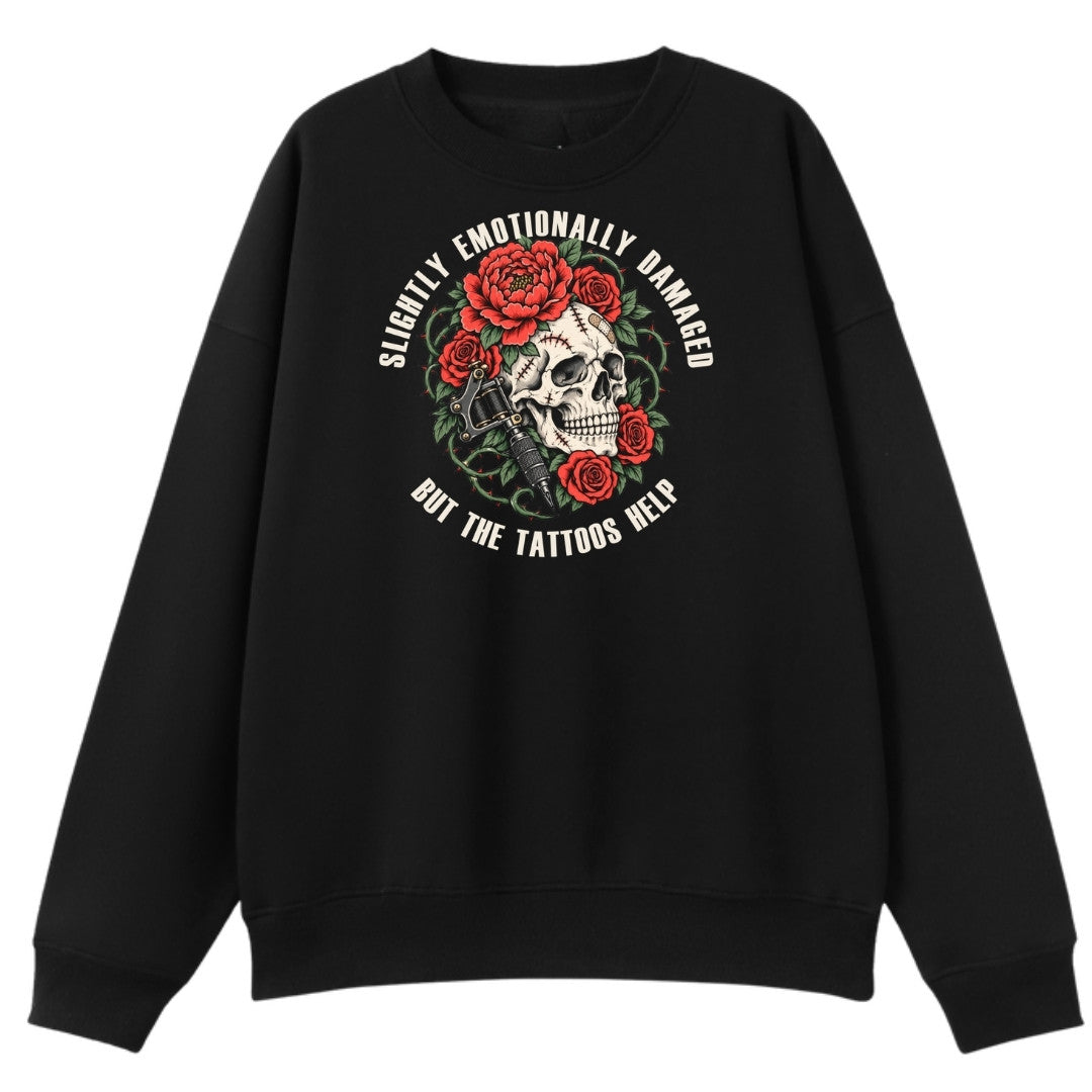 A black oversized crew neck with the Slightly Emotionally Damaged graphic printed large on the front.