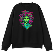 A black oversized crew neck with the Medusa graphic printed large on the front.