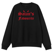 A black oversized crew neck with the Satan's Favourite graphic printed large on the front.