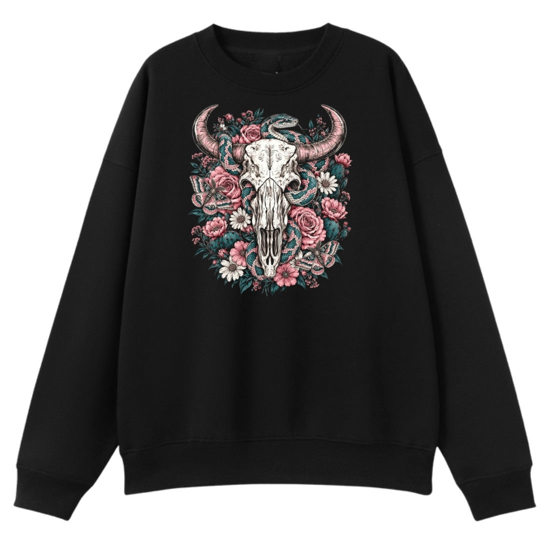 A black oversized crew neck with the Skull Snake And Moths graphic printed large on the front.