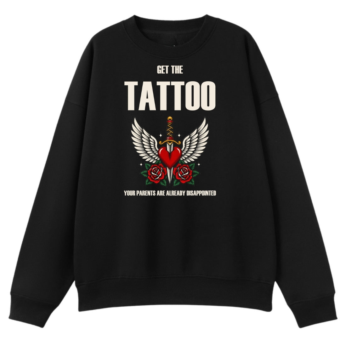 A black oversized crew neck with the Get The Tattoo graphic printed large on the front.