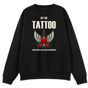 A black oversized crew neck with the Get The Tattoo graphic printed large on the front.
