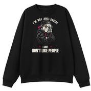 A black oversized crew neck with the I'm Not Anti Social Bulldog graphic printed large on the front.